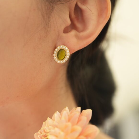 Green Opal French style Studs - Picture 2 of 2